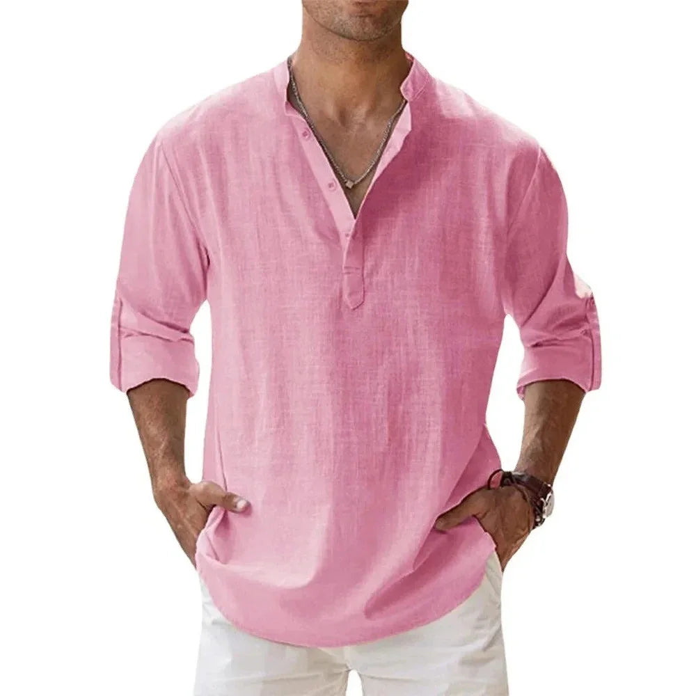 Cotton Linen Hot Sale Men'S Short-Sleeved Shirts Summer Solid Color Henley Collar Casual Beach Style Hawaiian Vacation