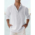 Cotton Linen Hot Sale Men'S Short-Sleeved Shirts Summer Solid Color Henley Collar Casual Beach Style Hawaiian Vacation