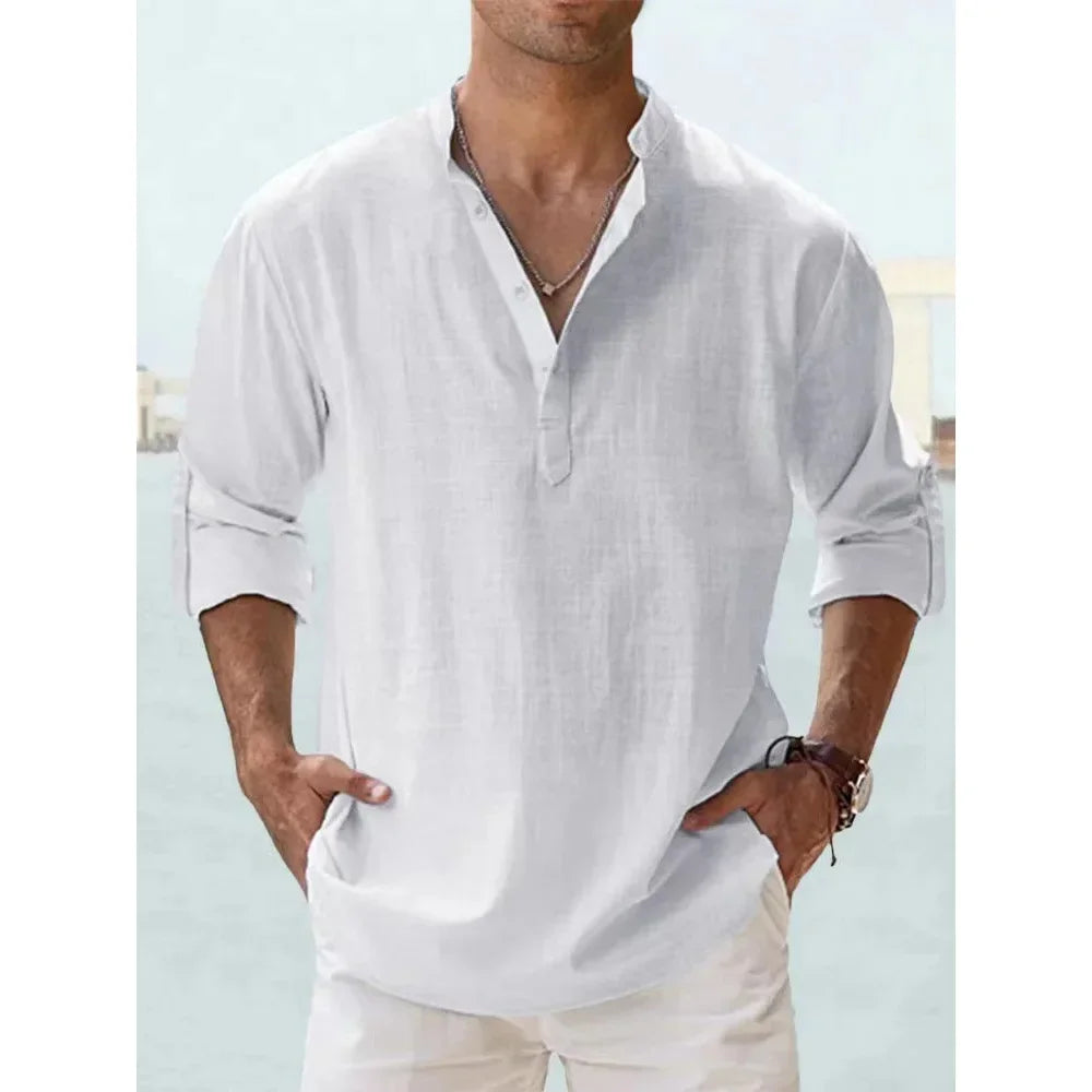 Cotton Linen Hot Sale Men'S Short-Sleeved Shirts Summer Solid Color Henley Collar Casual Beach Style Hawaiian Vacation
