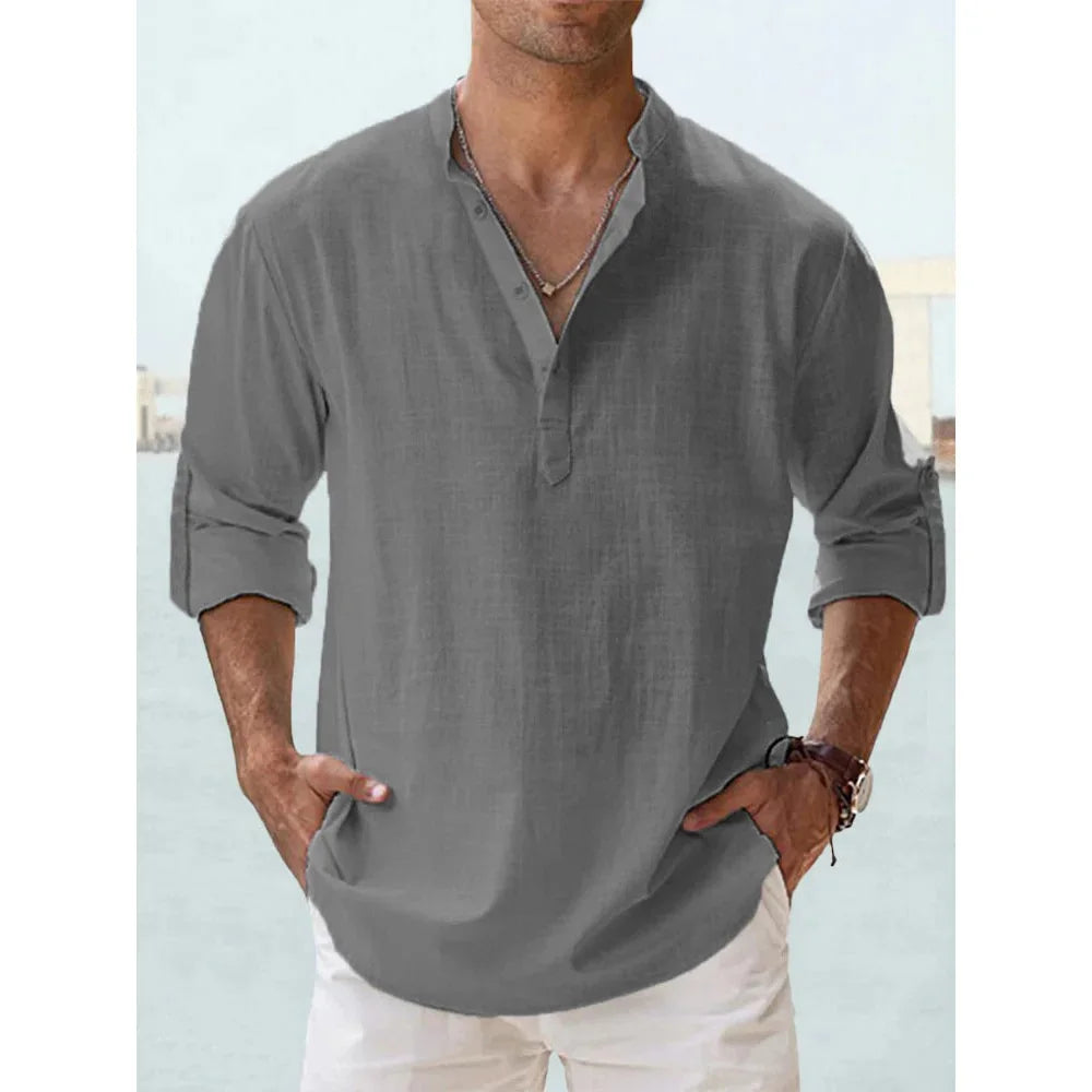 Cotton Linen Hot Sale Men'S Short-Sleeved Shirts Summer Solid Color Henley Collar Casual Beach Style Hawaiian Vacation