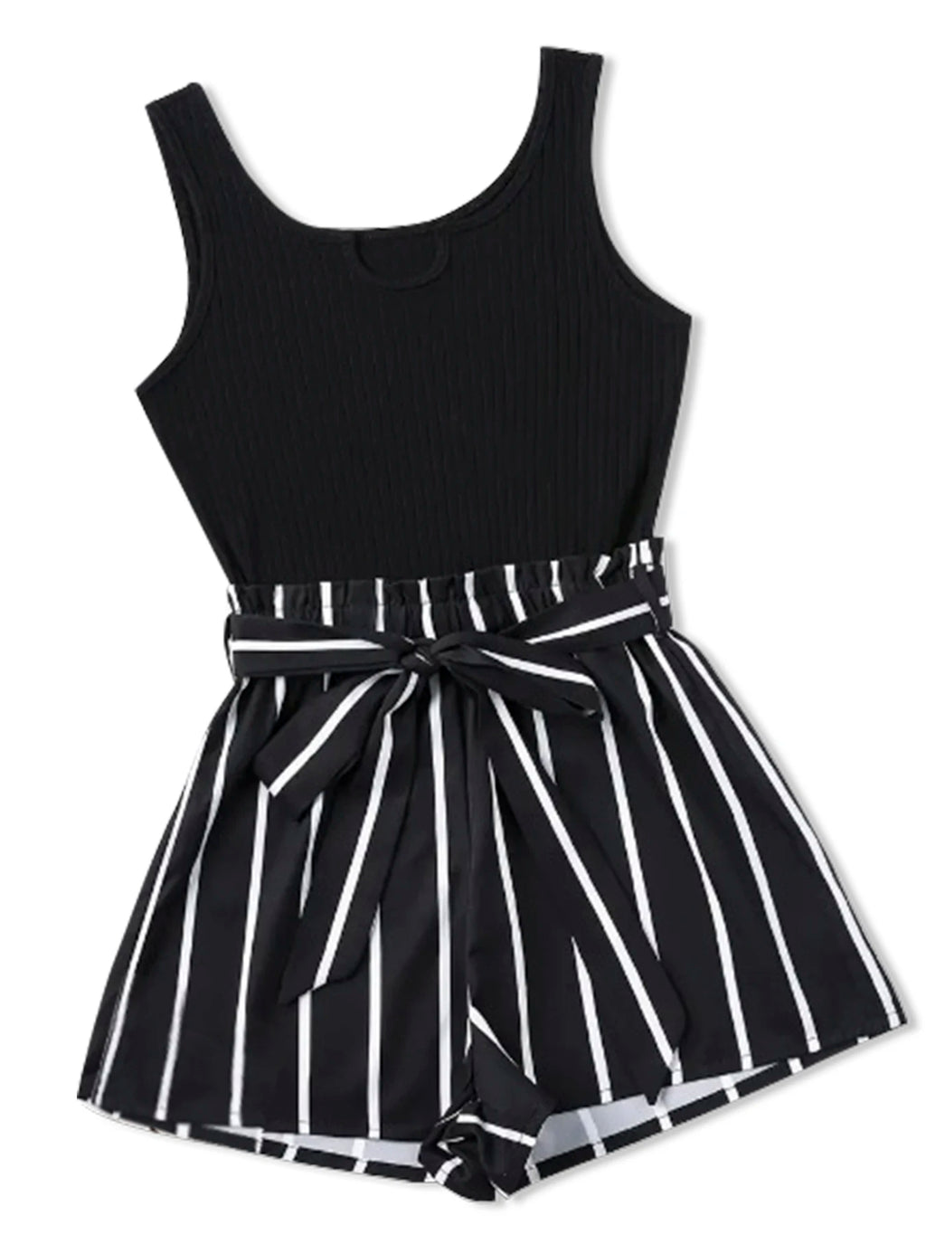 Women'S Ribbed Crop Sleeveless Tank Top & Striped Print Belted Bag Waist Shorts Setfitted Comfort Scoop Neck Crop Tank & Shorts