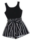 Women'S Ribbed Crop Sleeveless Tank Top & Striped Print Belted Bag Waist Shorts Setfitted Comfort Scoop Neck Crop Tank & Shorts