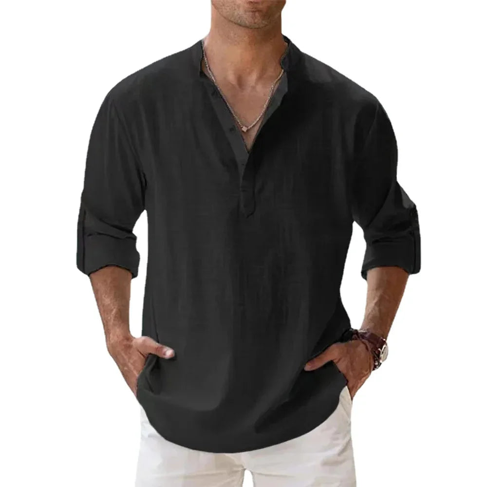 Cotton Linen Hot Sale Men'S Short-Sleeved Shirts Summer Solid Color Henley Collar Casual Beach Style Hawaiian Vacation